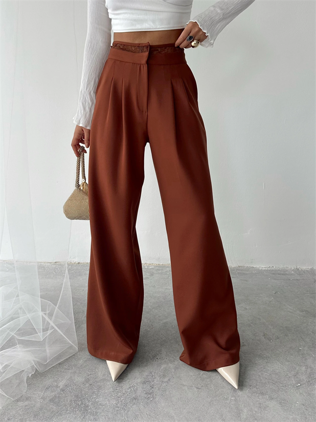 Kemeri Dantel Detaylı Palazzo Pantolon  - Kiremit