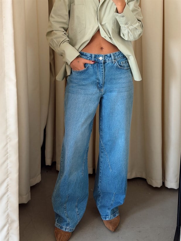 Paça Çift Pensli Boyfriend Jean - Mavi