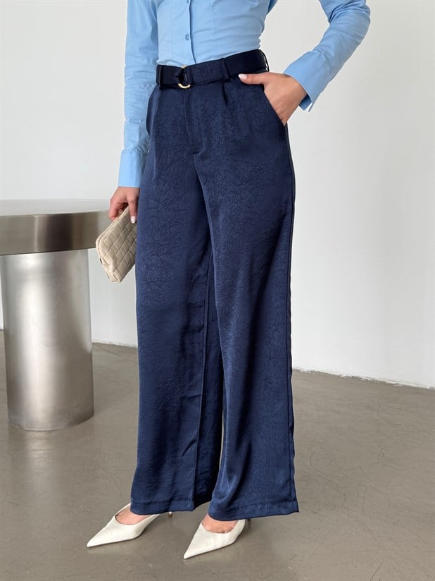 Kemerli Saten Pantolon - Lacivert