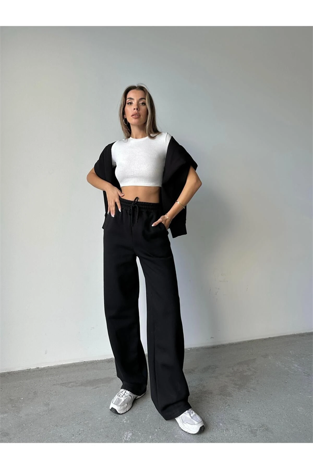 Üç İplik Şardonlu Palazzo Eşofman Siyah - Siyah