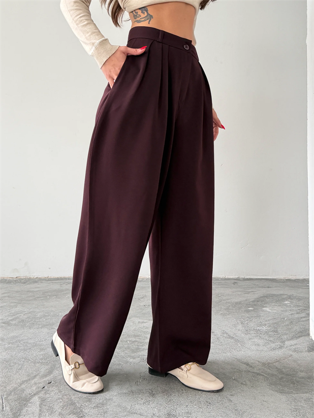 Üç Pile Palazzo Pantolon - Mürdüm