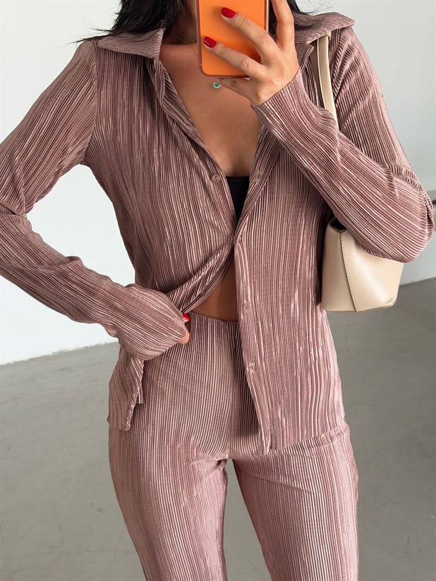 Piliseli Gömlek Pantolon Takım - Gül Kurusu