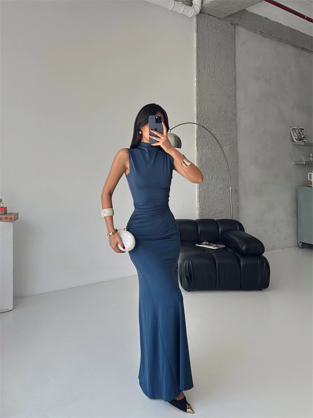 Kolsuz Drapeli Maxi Elbise - Antrasit