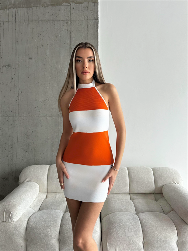 Boyun Bağlama Line Triko Elbise Beyaz-Oranj - Beyaz-Oranj