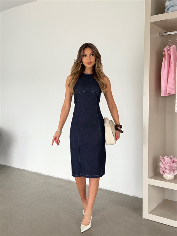 Arkası Fermuarlı Likralı Denim Elbise - Lacivert