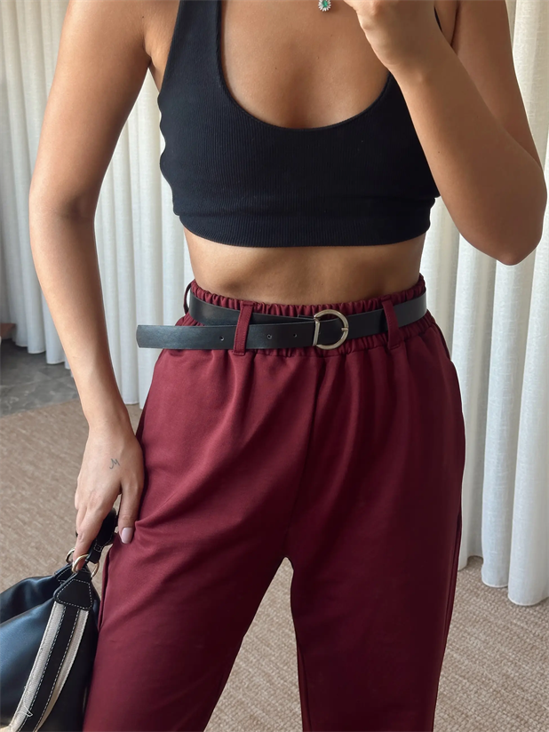 Deri Kemerli Eşofman - Bordo