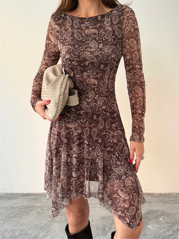 Kayık Yaka Etnik Desenli Elbise - Kahve