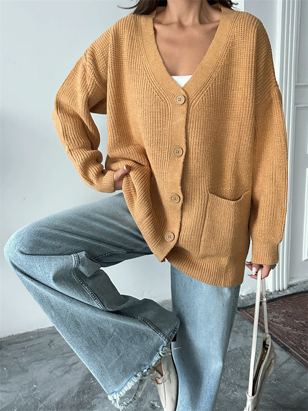 Çift Cepli Kemik Düğme Triko Hırka Hardal - Hardal