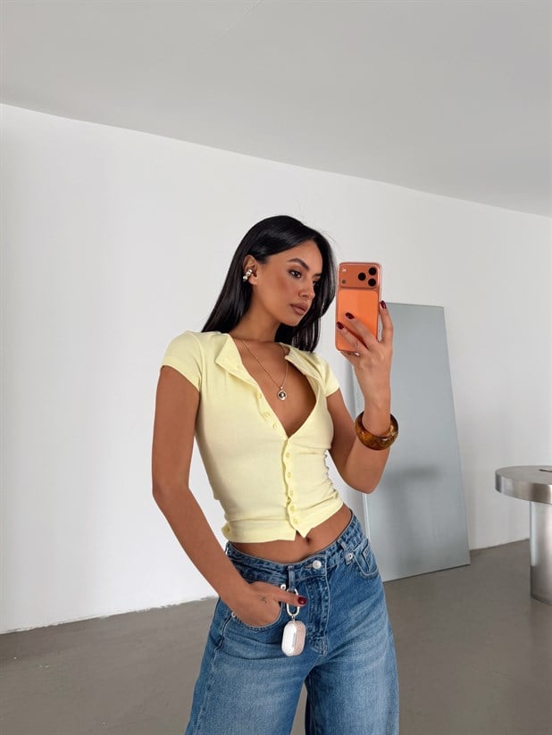 Full Düğmeli Fitilli Basic Bluz - Sarı