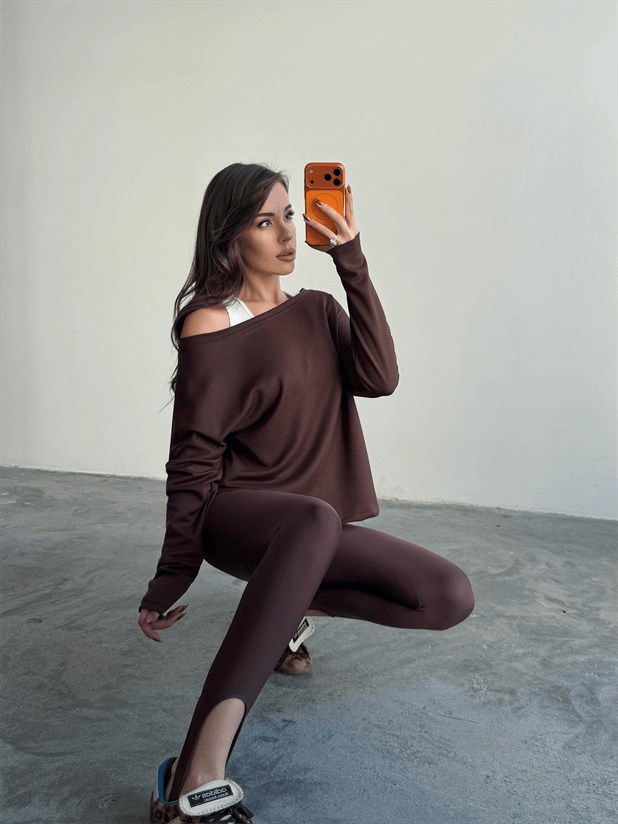 Düşük Omuz Atletli Bluz - Kahve