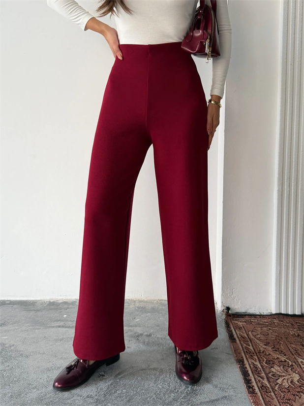 Bel İçten Lastik Kumaş Pantolon  - Bordo