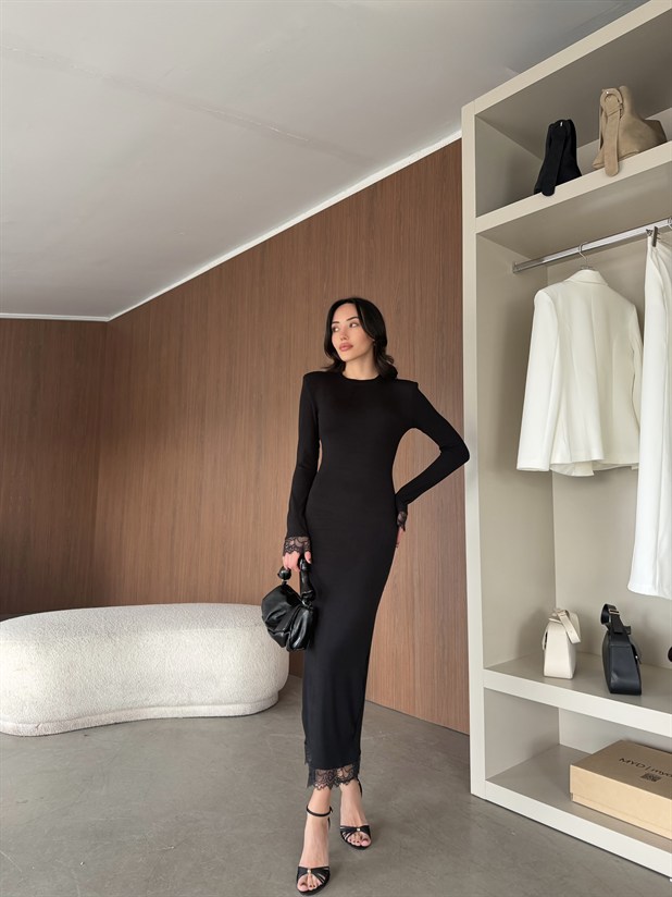 Dantel Detaylı Maxi Elbise - Siyah