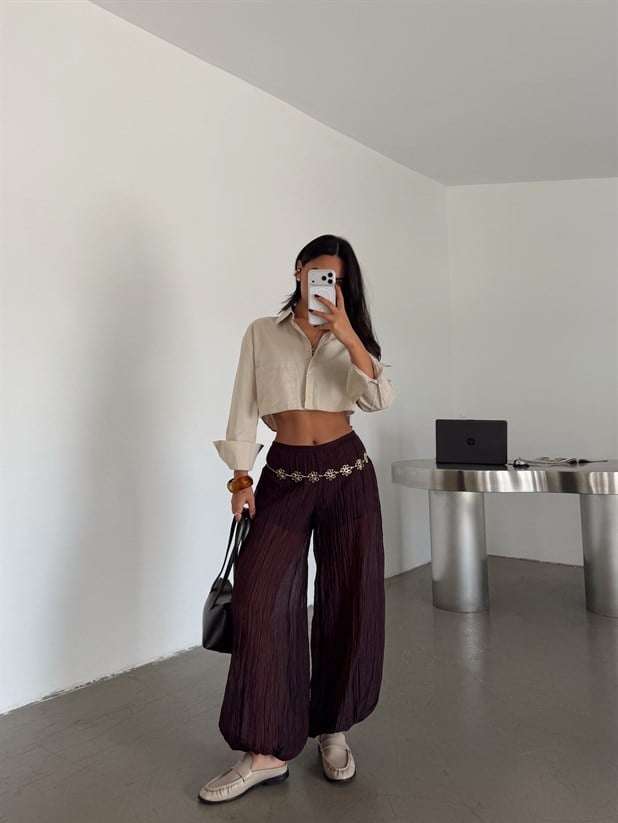 Transparan Müslin Kumaş Balon Pantolon - Mürdüm