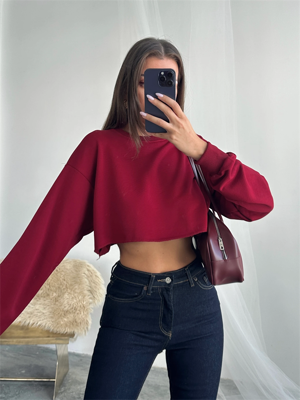 Dikişsiz Crop Sweat - Bordo