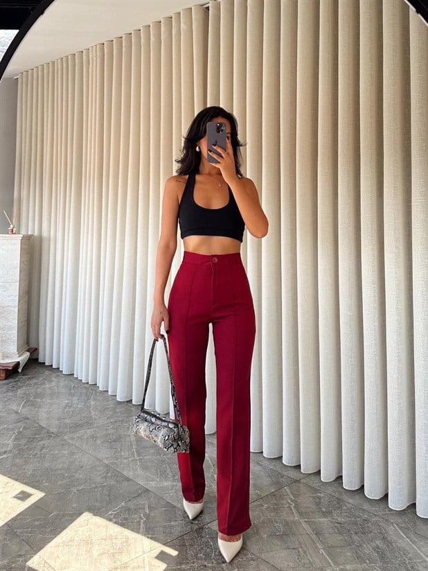 Ön Dikiş Boru Paça Kumaş Pantolon - Bordo