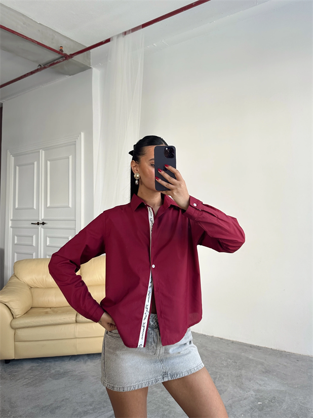 Kol Ve Pat Şerit Crop Gömlek - Bordo