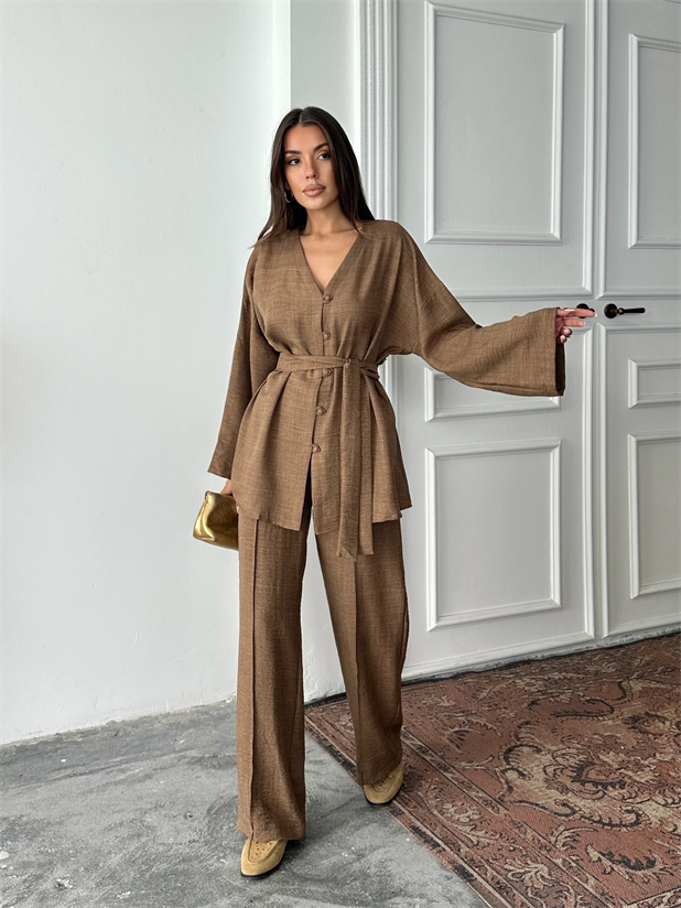Düğme Detay Kuşaklı Kimono Takım - Kahve