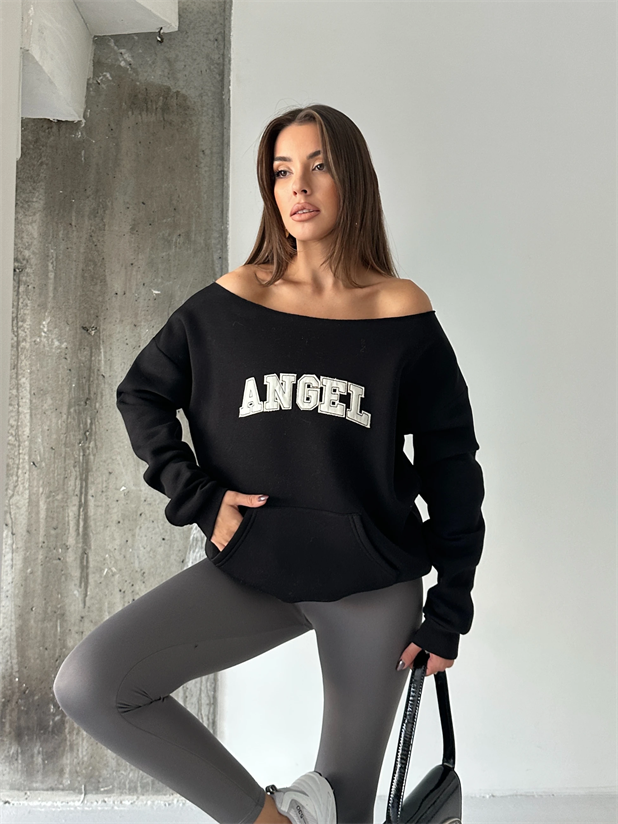 Angel Nakışlı Kayık Yaka Sweat - Siyah