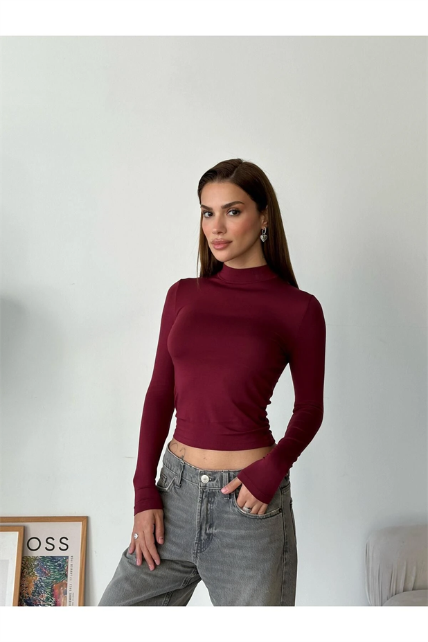Dik Yaka Balıkçı Bluz Bordo - Bordo