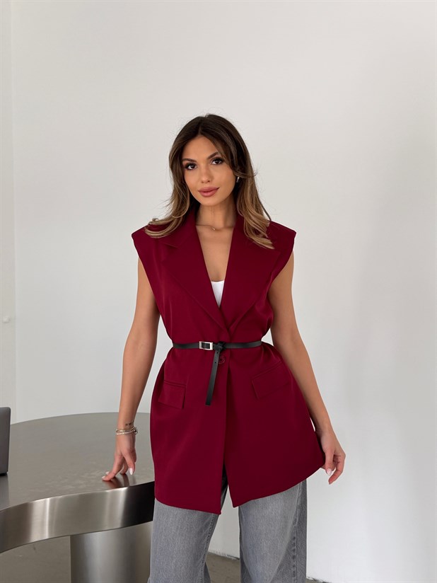 Deri Kemerli Yelek - Bordo