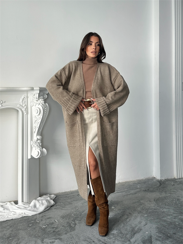 Oversize Uzun Hırka - Vizon