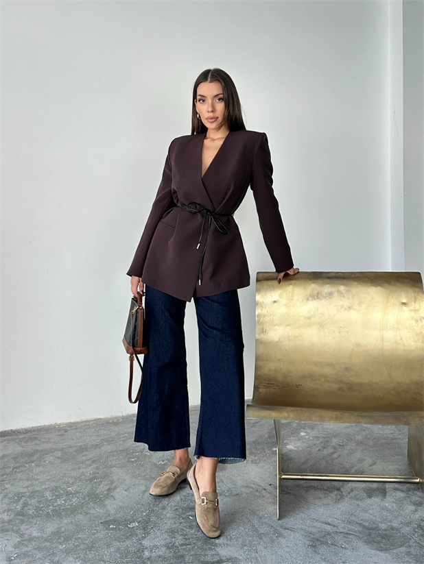 Deri Kemerli Blazer Ceket - Mürdüm
