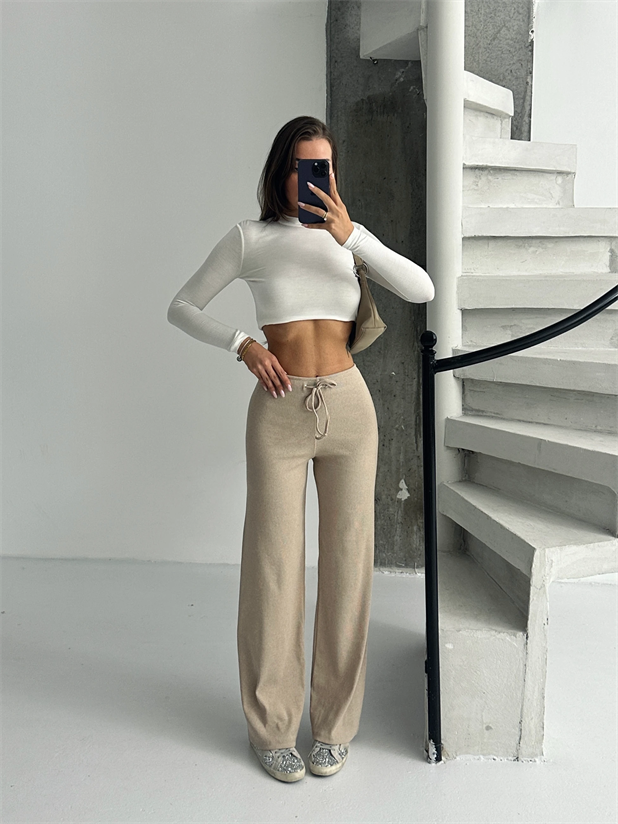 Fitilli Bağcıklı Eşofman - Bej