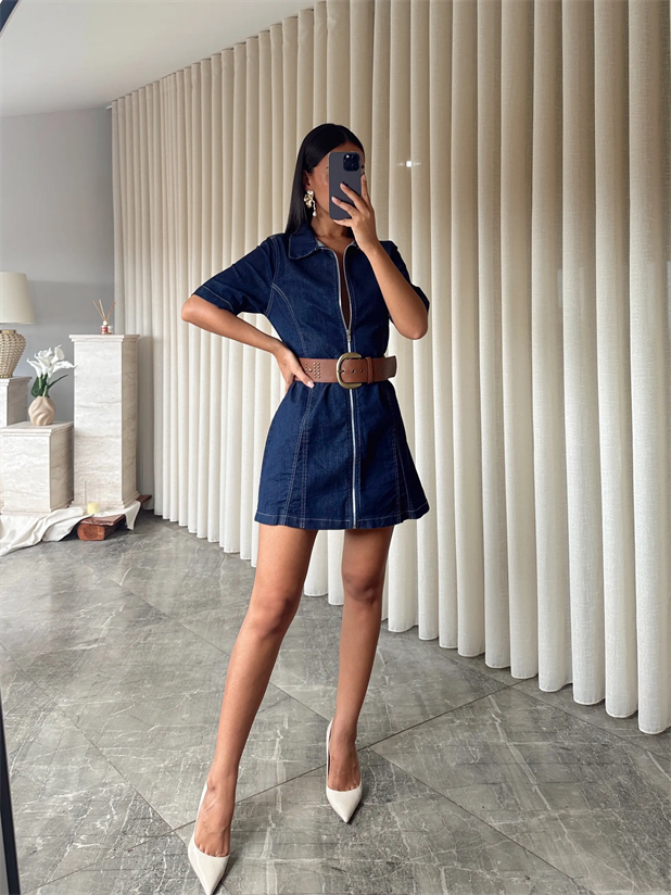 Fermuarlı Denim Elbise  - Lacivert