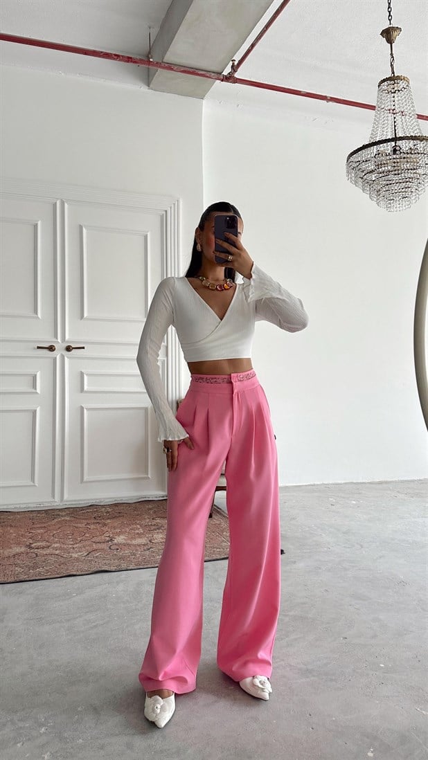 Kemeri Dantel Detaylı Palazzo Pantolon  - Pembe