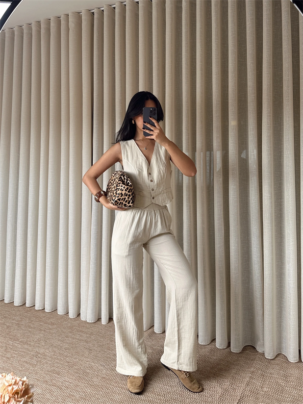 Bel Lastik Müslin Pantolon - Krem