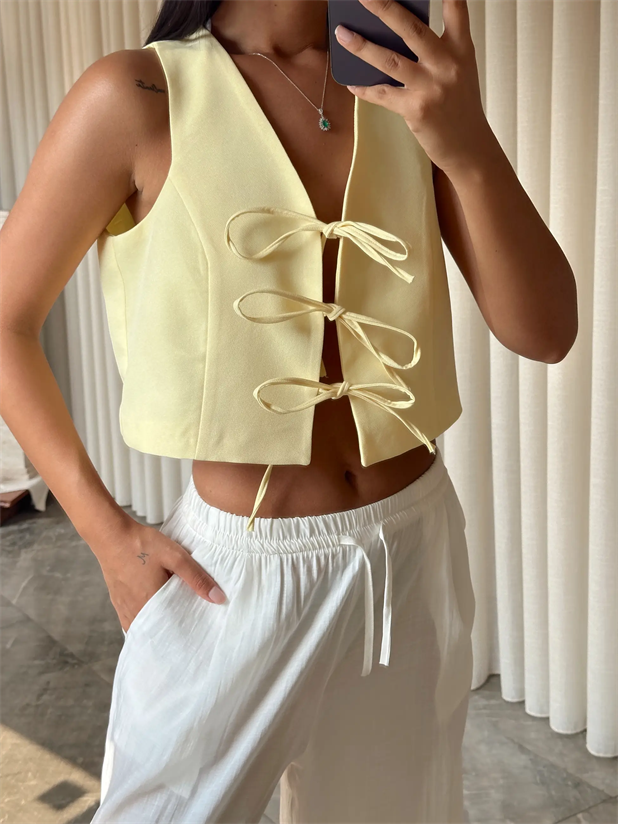 Keten Bağcıklı Yelek  - Sarı