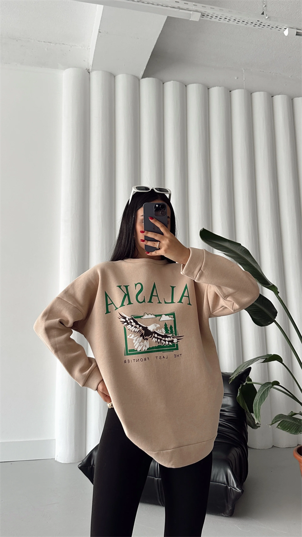 Alaska Üç İplik Şardonlu Oversize Sweat Vizon - Vizon