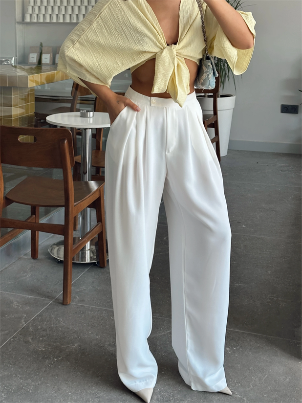 Pileli Geniş Paça Pantolon  - Beyaz