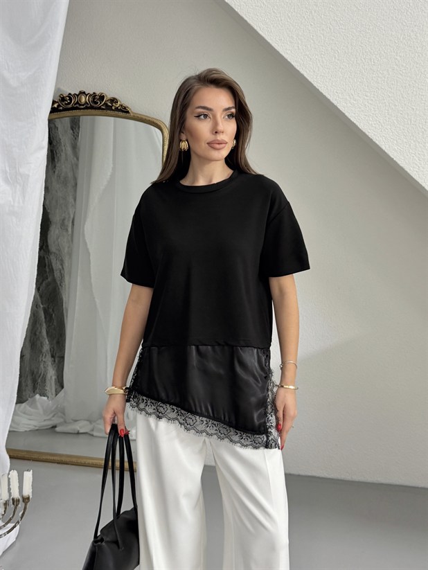 Altı Saten Dantel Basic - Siyah
