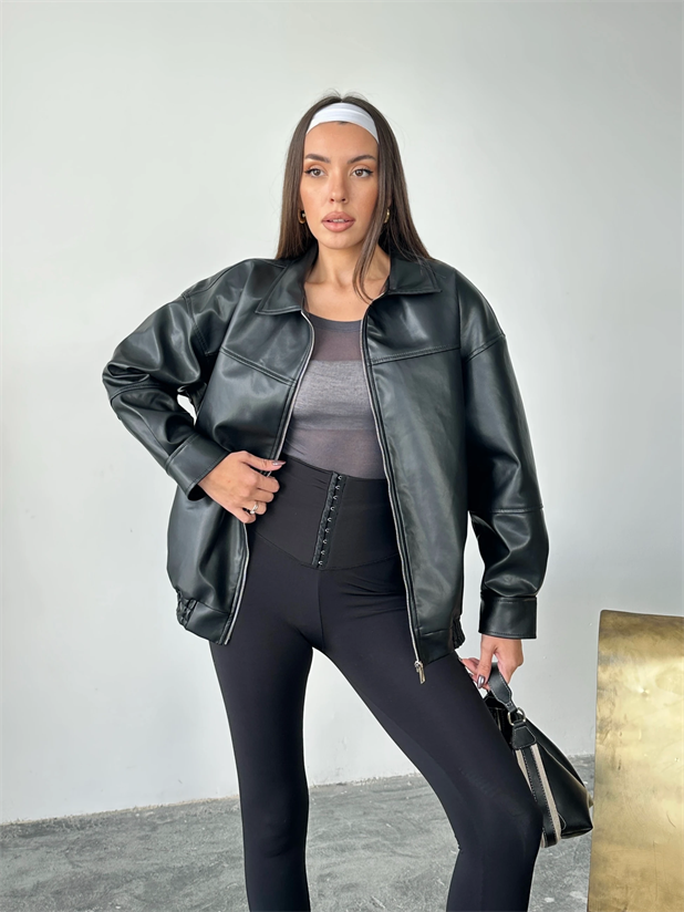 Deri Fermuarlı Bomber Mont - Siyah