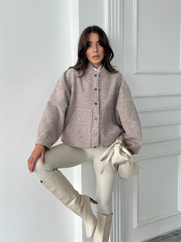 Kırçıllı Kaşe Mont - Pudra Pembe