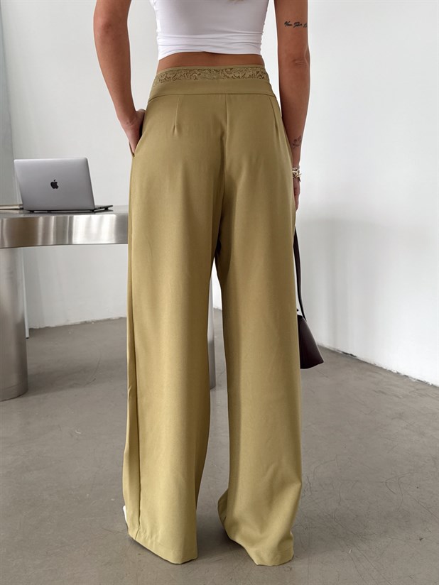 Kemeri Dantel Detaylı Palazzo Pantolon  - Yağ Yeşili