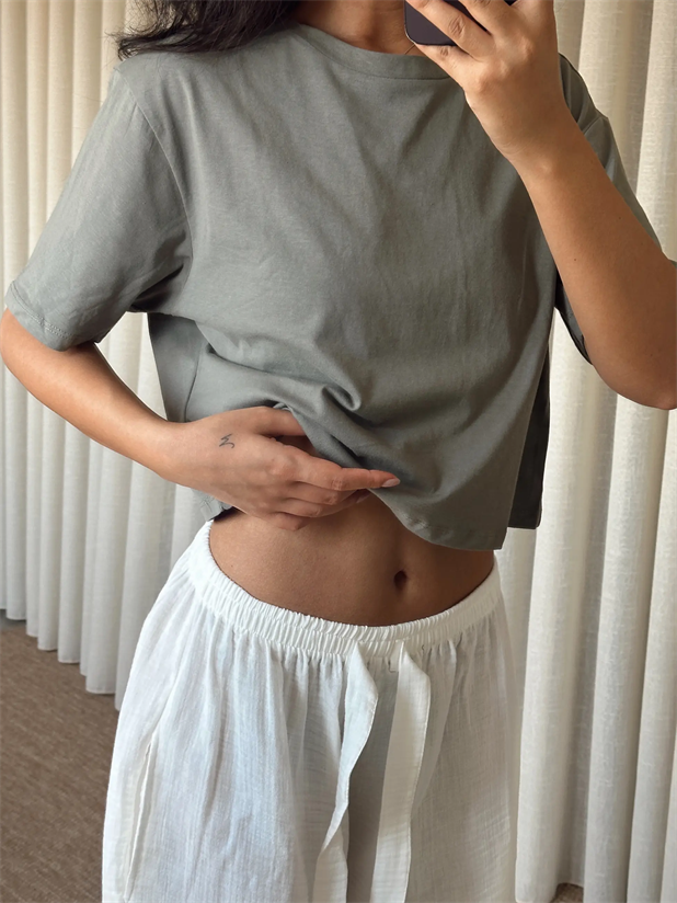 Düz Kısa Kol Crop Basic - Haki