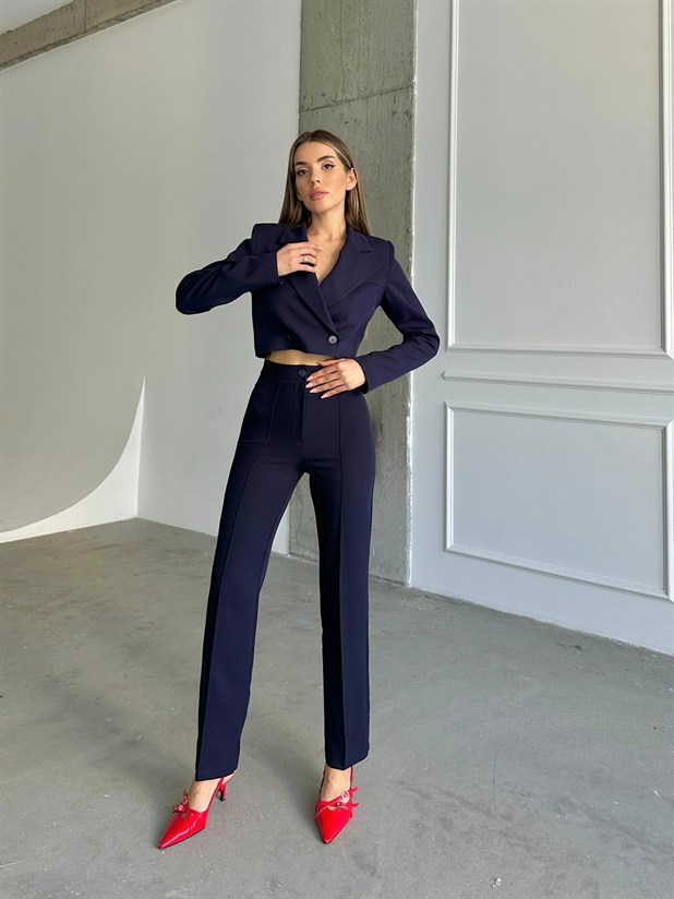 Ön Dikiş Boru Paça Kumaş Pantolon - Lacivert