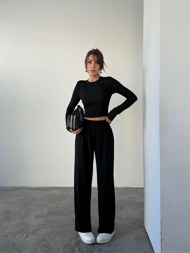 Uzun Kol Bisiklet Yaka Takım  - Siyah