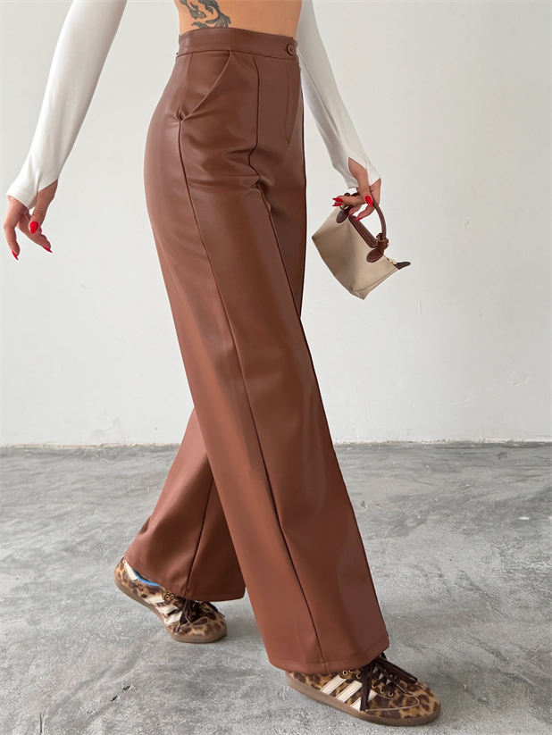 Çımalı Deri Palazzo Pantolon  - Taba