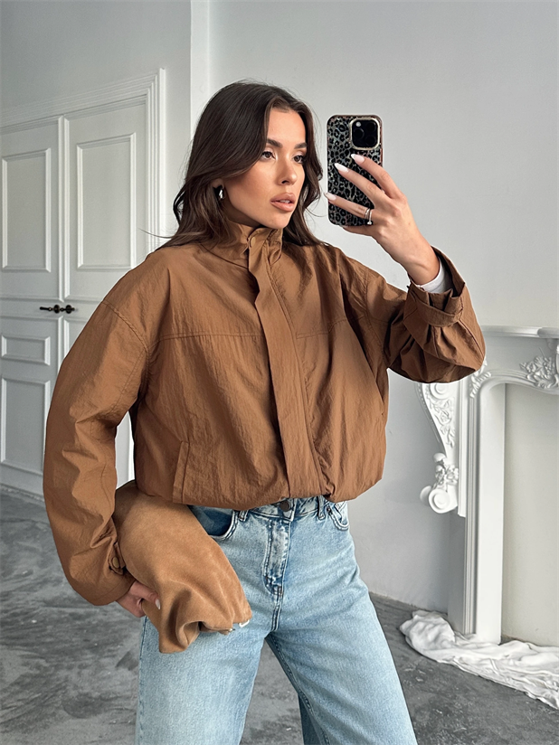 Gizli Fermuarlı Paraşüt Ceket - Taba