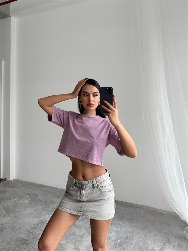 Yıkamalı Vatkalı Crop Basic - Lila