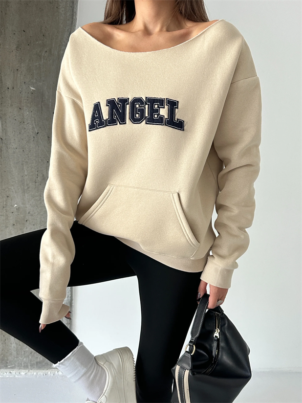 Angel Nakışlı Kayık Yaka Sweat - Vizon