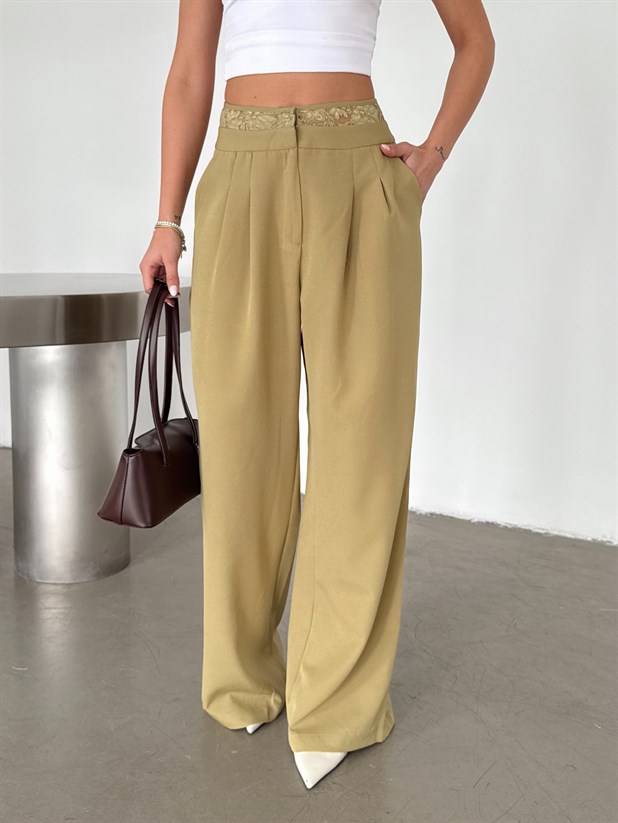 Kemeri Dantel Detaylı Palazzo Pantolon  - Yağ Yeşili