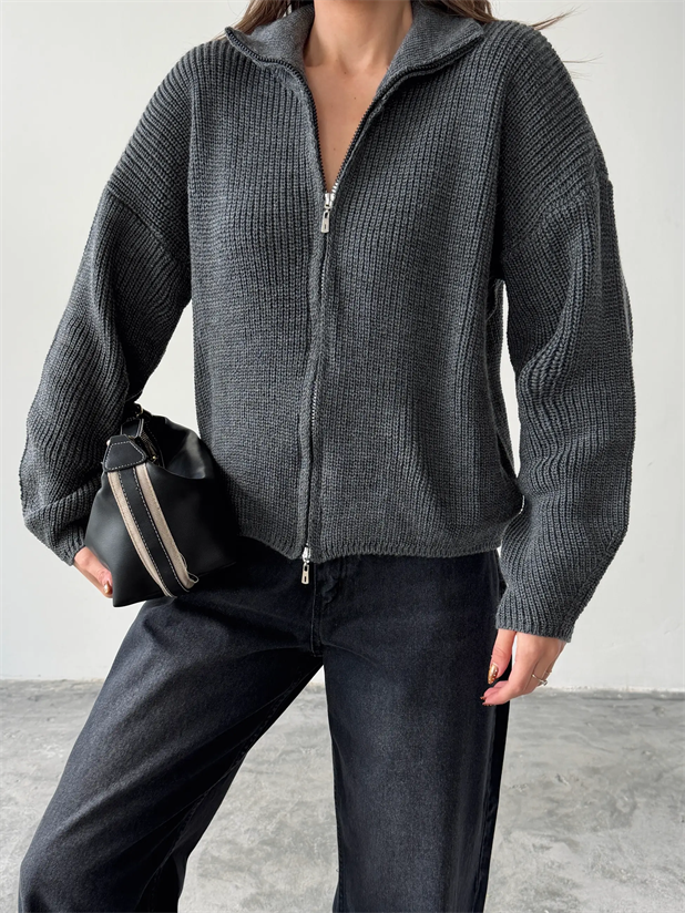 Çift Fermuarlı Triko - Antrasit