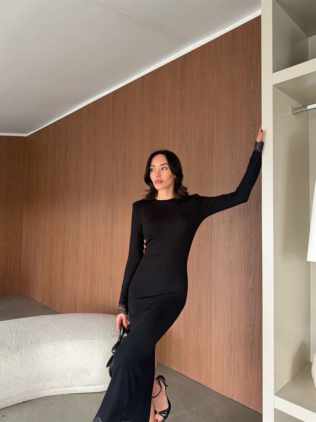 Dantel Detaylı Maxi Elbise - Siyah