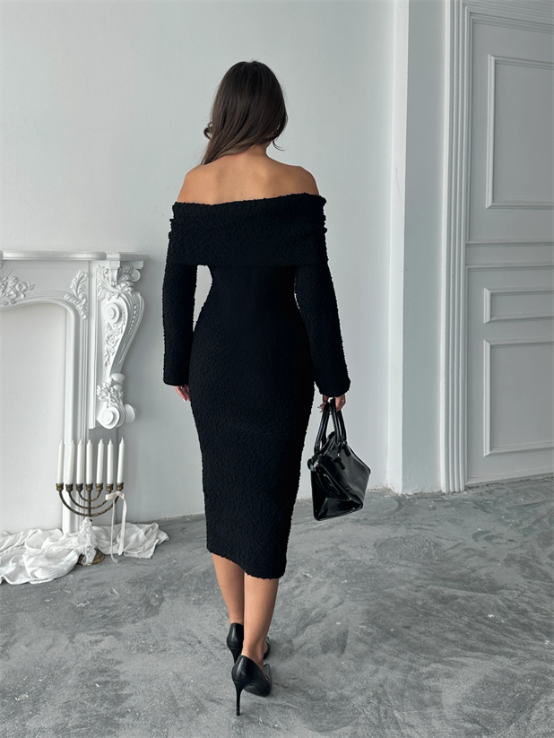 Madonna Yaka Buklet Elbise - Siyah