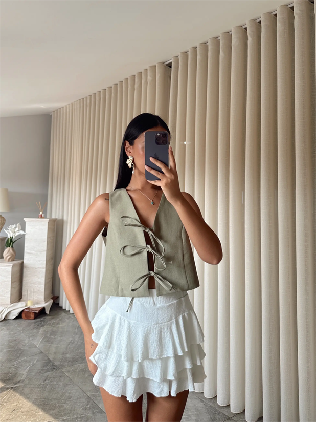 Keten Bağcıklı Yelek  - Haki