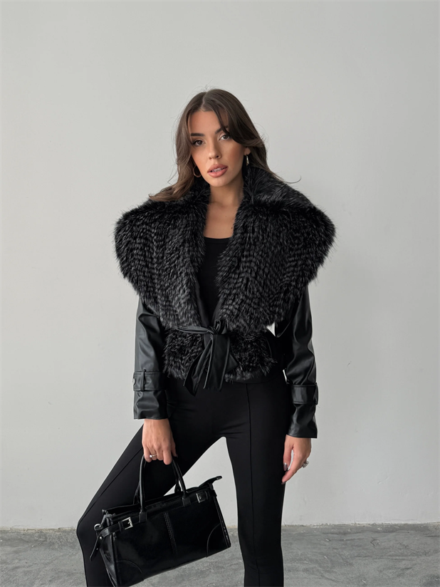 Premium Kürklü Deri Ceket  - Siyah